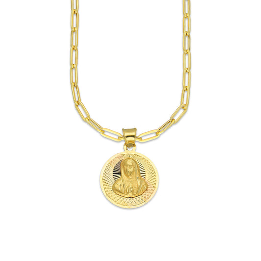 MR14DP077 Cadena Oro Sólido 10K + Dije Oro Sólido 14K EM Busto Virgen Redonda Diamantado Radial 1.6 cm x 2.3 cm