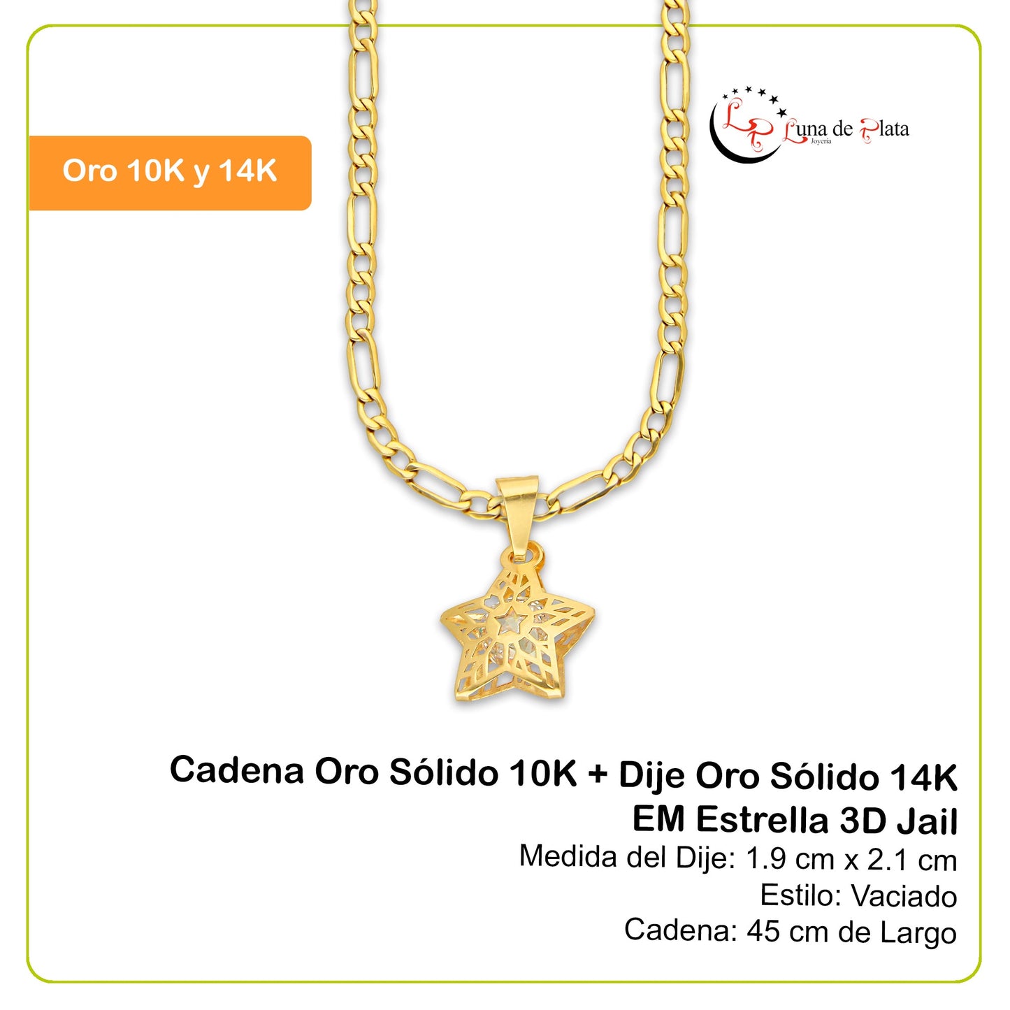 MR14DP080 Cadena Oro Sólido 10K + Dije Oro Sólido 14K EM Estrella 3D Jail 1.9 cm x 2.1 cm