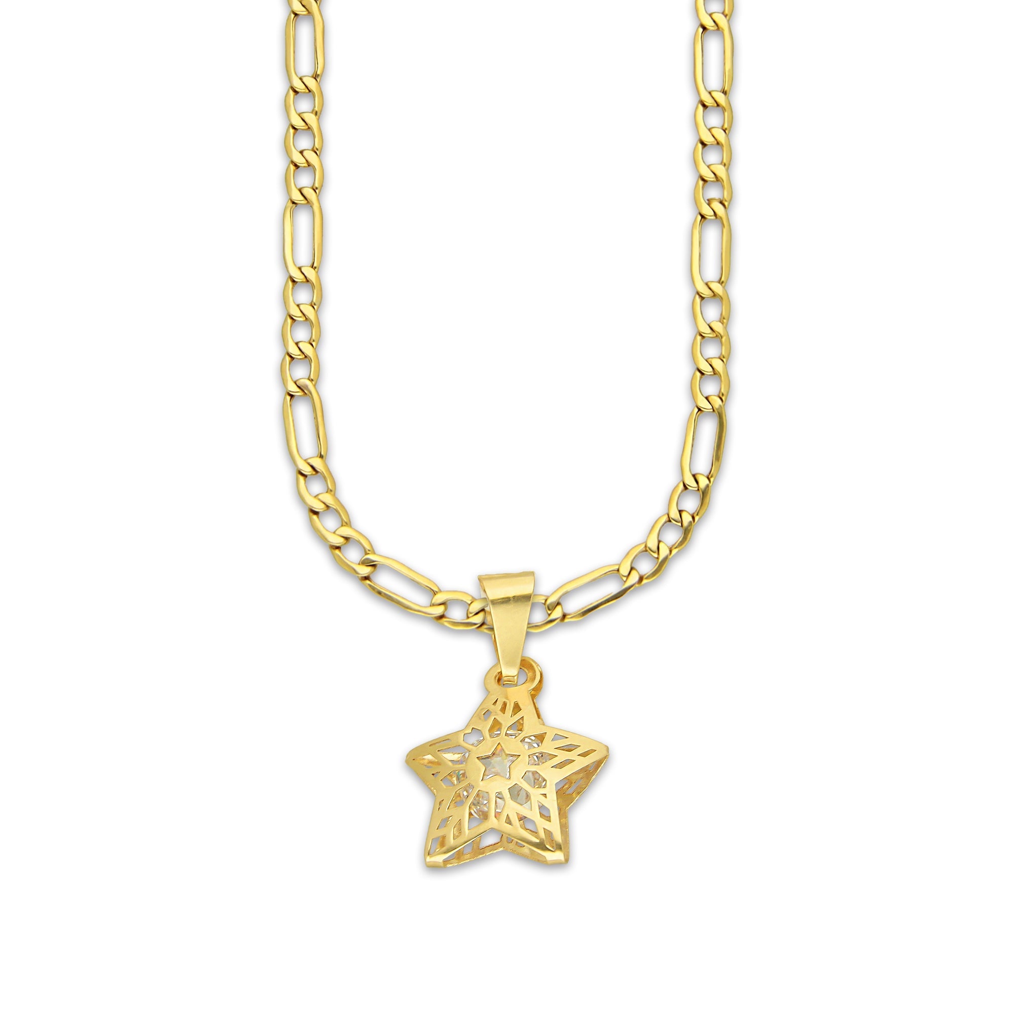 MR14DP080 Cadena Oro Sólido 10K + Dije Oro Sólido 14K EM Estrella 3D Jail 1.9 cm x 2.1 cm