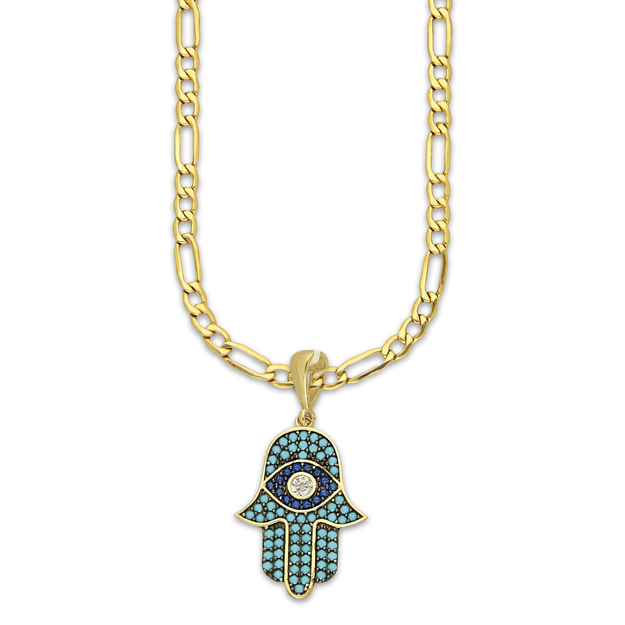 MR14DP083 Cadena Oro Sólido 10K + Dije Oro Sólido 14K EM Mano de Fatima Azul Turqueza 1.5 cm x 2.9 cm