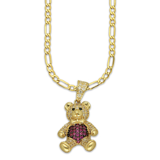 MR14DP090 Cadena Oro Sólido 10K + Dije Oro Sólido 14K EM Oso 3D Panza Rosa 1.5 cm x 2.9 cm
