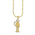 MR14DP098 Cadena Caballero Oro Sólido 10K + Dije Oro Sólido 14K EM Santa Muerte con Zirconia 1.8 cm x 5.1 cm