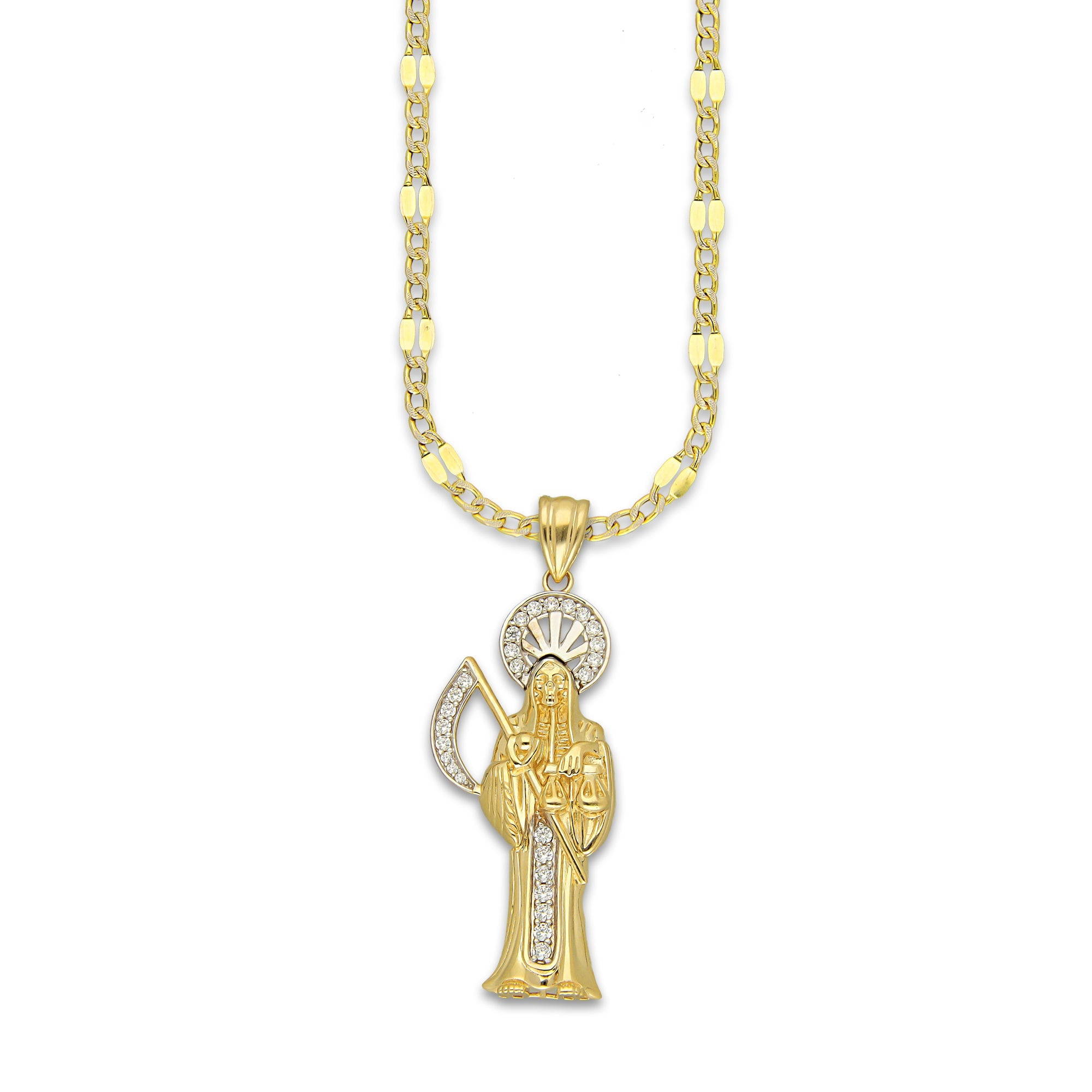 MR14DP098 Cadena Caballero Oro Sólido 10K + Dije Oro Sólido 14K EM Santa Muerte con Zirconia 1.8 cm x 5.1 cm