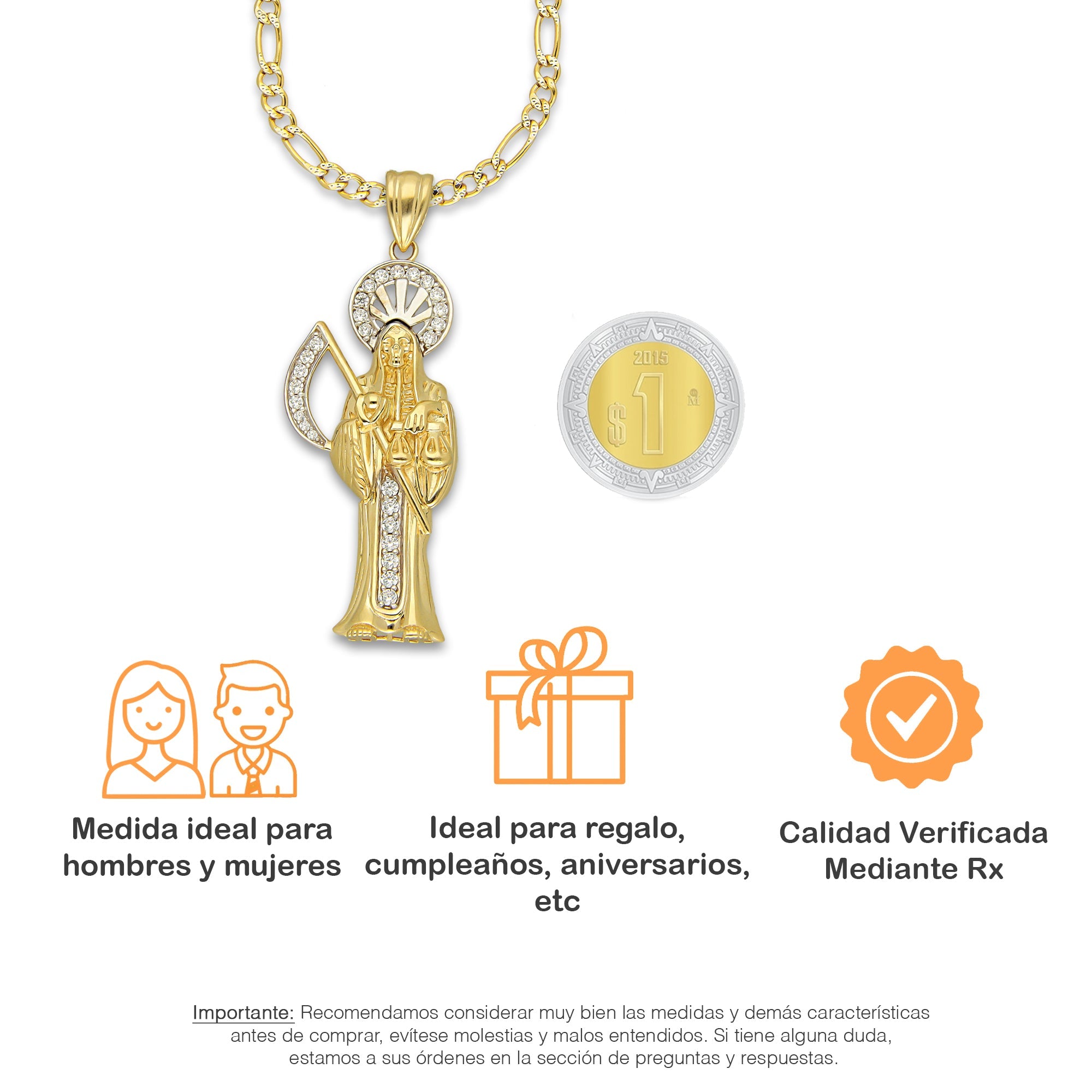MR14DP100 Cadena Dama Oro Sólido 10K + Dije Oro Sólido 14K EM Santa Muerte con Zirconia 1.8 cm x 5.1 cm