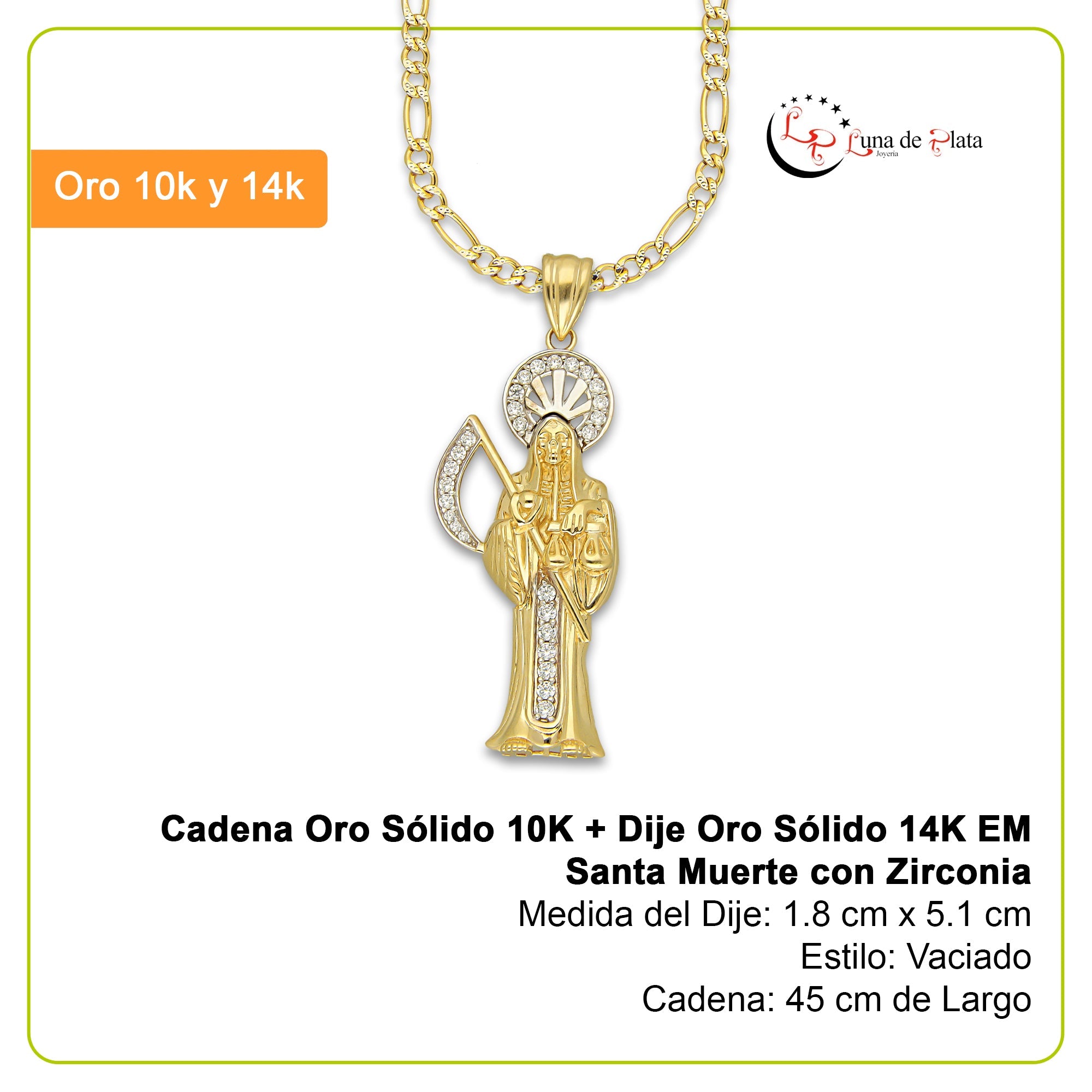 MR14DP100 Cadena Dama Oro Sólido 10K + Dije Oro Sólido 14K EM Santa Muerte con Zirconia 1.8 cm x 5.1 cm