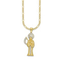 MR14DP100 Cadena Dama Oro Sólido 10K + Dije Oro Sólido 14K EM Santa Muerte con Zirconia 1.8 cm x 5.1 cm