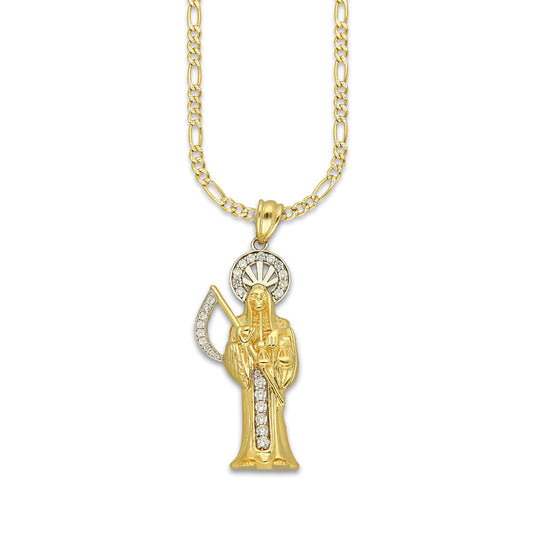 MR14DP101 Cadena Dama Oro Sólido 10K + Dije Oro Sólido 14K EM Santa Muerte con Zirconia 2.2 cm x 6.1 cm