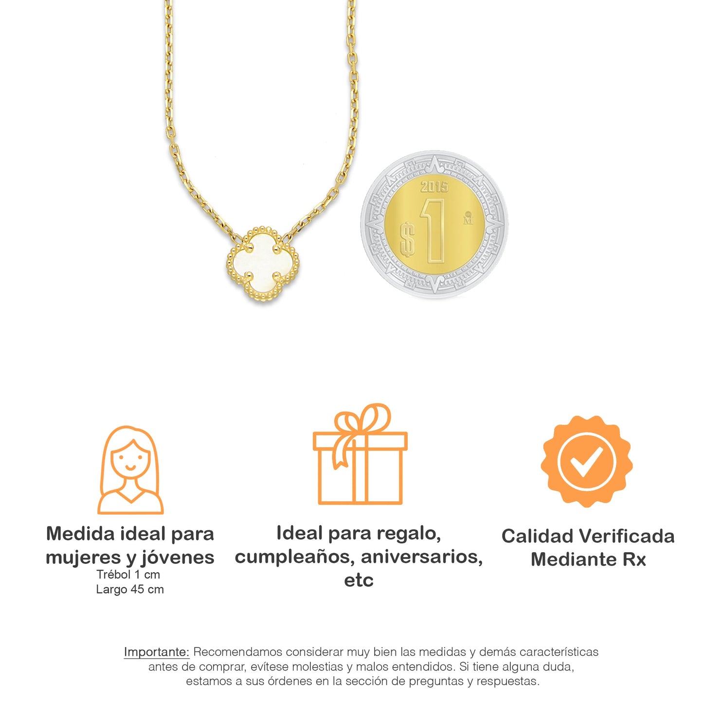 MR14G024 Gargantilla Collar Dama Oro Sólido 14K EMF14 1 Trébol 1 cm Blanco Largo 45 cm