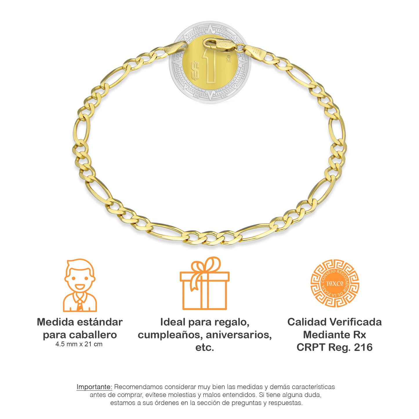 MR14PC003 Pulsera Para Caballero Oro Sólido 14K Figaro 3*1 4.5 Mm x 21 Cm