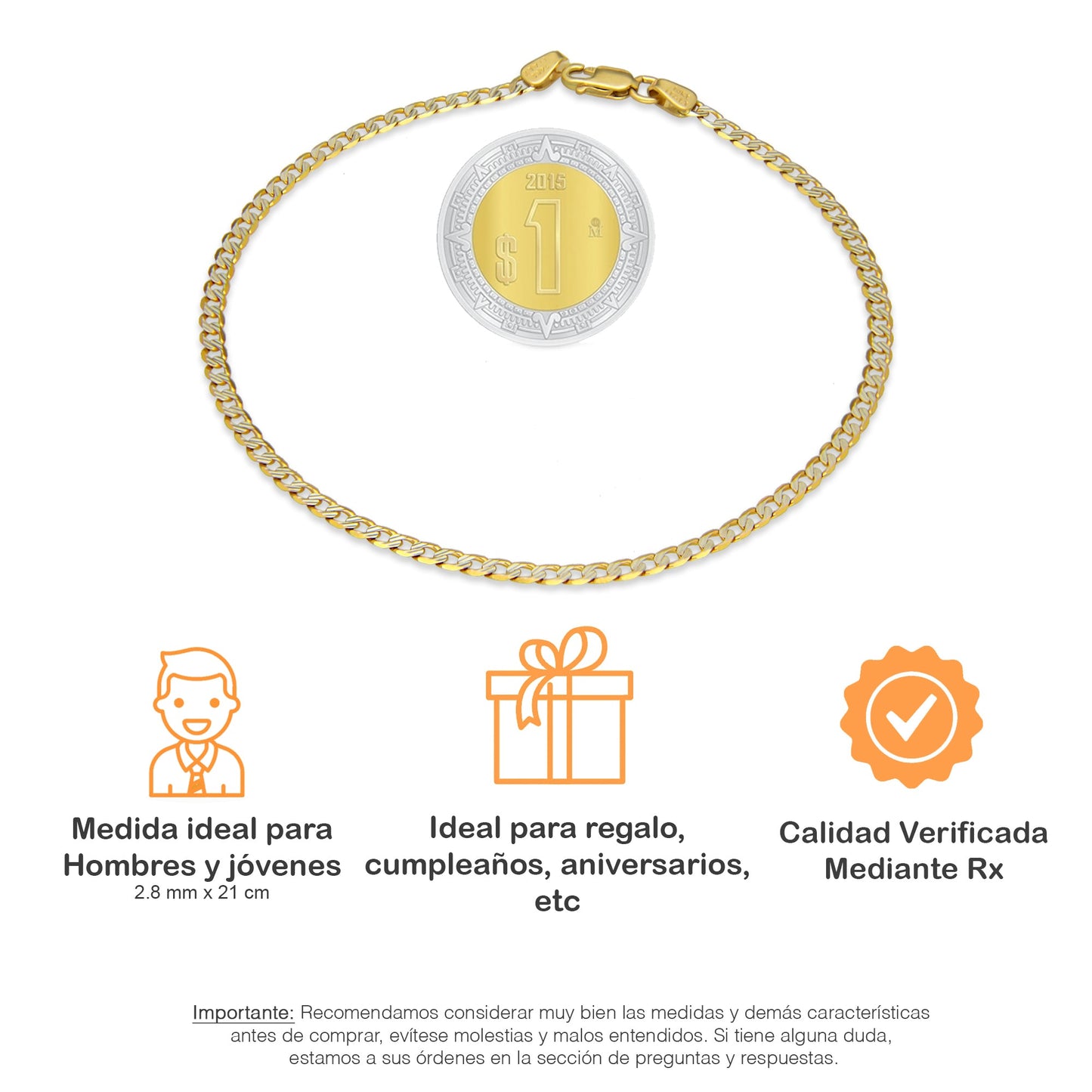 MR14PC026 Pulsera Para Caballero Oro Sólido 14K EMC14 Modelo Fígaro 1*0 Segrinado Diagonal 2.8 mm x 21 cm