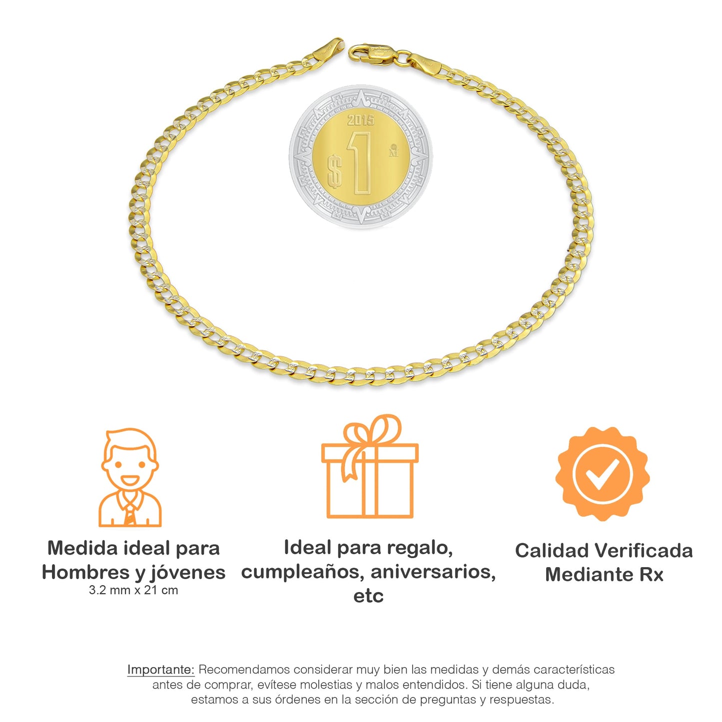 MR14PC027 Pulsera Para Caballero Oro Sólido 14K EMC14 Modelo Fígaro 1*0 Diamantada 3.2 mm x 21 cm