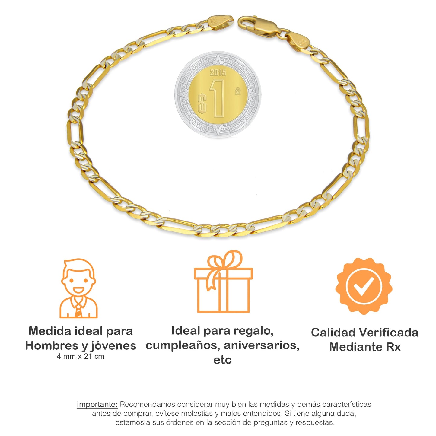 MR14PC029 Pulsera Para Caballero Oro Sólido 14K EMC14 Modelo Fígaro 3*1 Segrinado Diagonal 4 mm x 21 cm