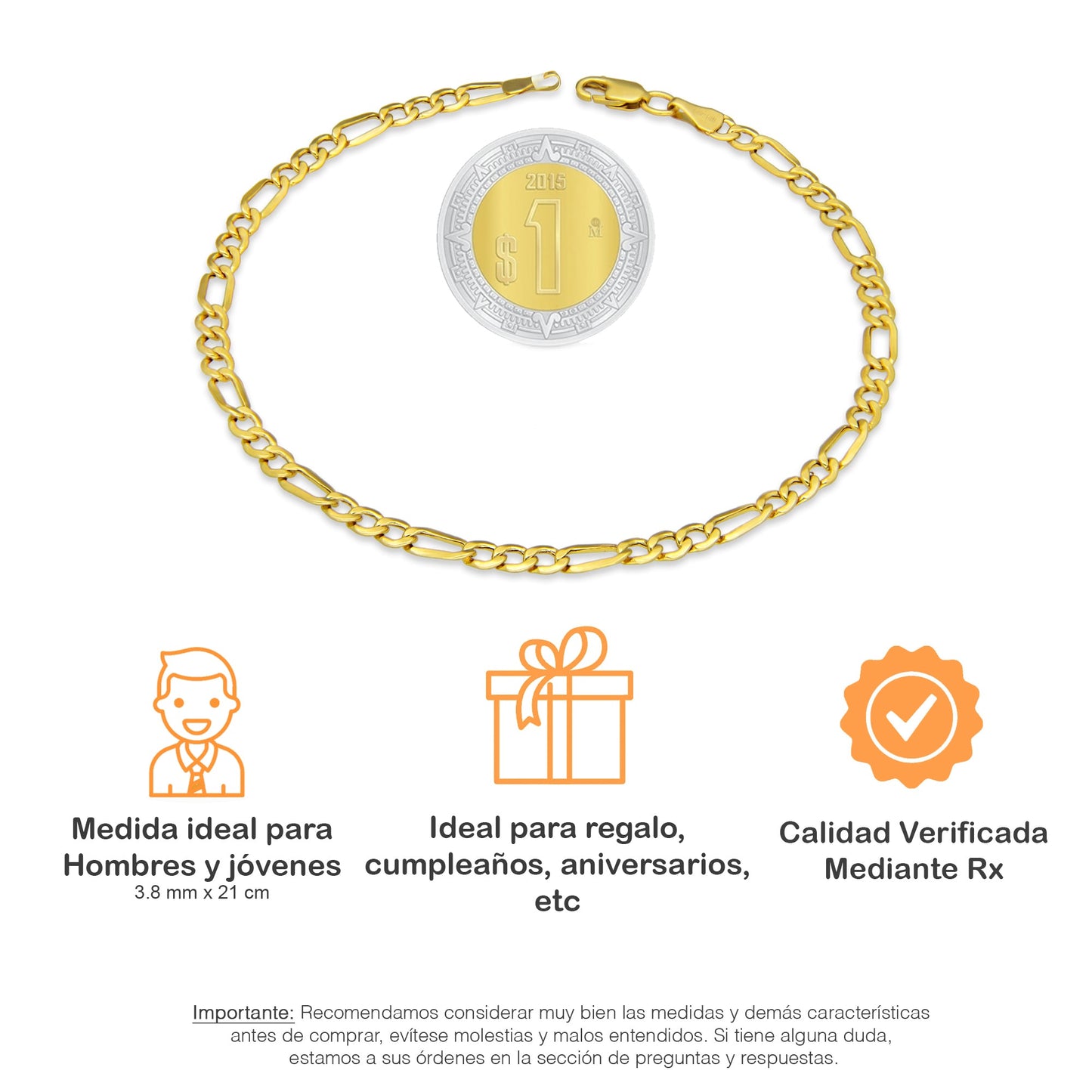 MR14PC031 Pulsera Para Caballero Oro Sólido 14K EMF14 Modelo Fígaro 3*1 Lisa 3.8 mm x 21 cm