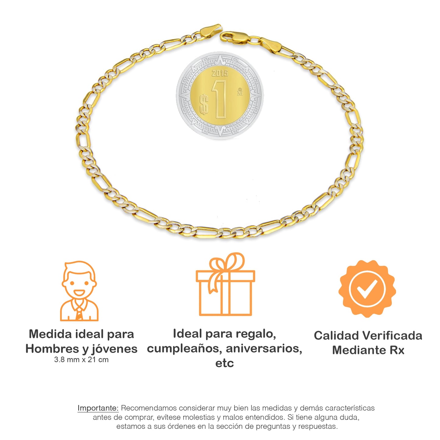 MR14PC032 Pulsera Para Caballero Oro Sólido 14K EMF14 Modelo Fígaro 3*1 Diamantada 3.8 mm x 21 cm