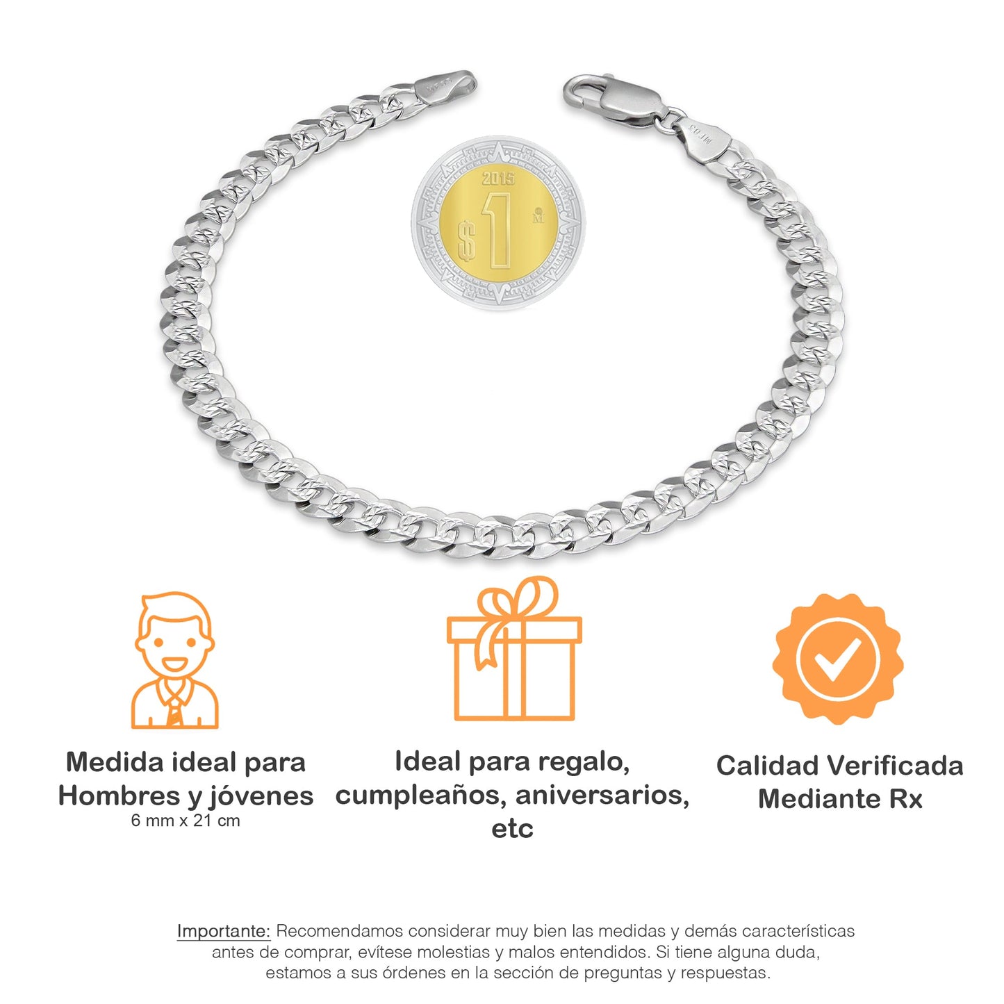 MR14PC034 Pulsera Para Caballero Oro Sólido 14K Mod Cubana Americana DIamantada Oro Blanco 6 mm x 21 cm