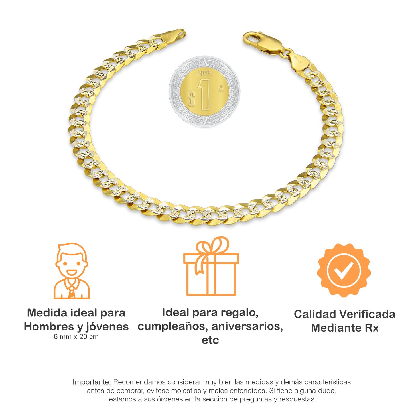 MR14PC035 Pulsera Para Caballero Oro Sólido 14K Mod Cubana Americana DIamantada 6 mm x 20 cm