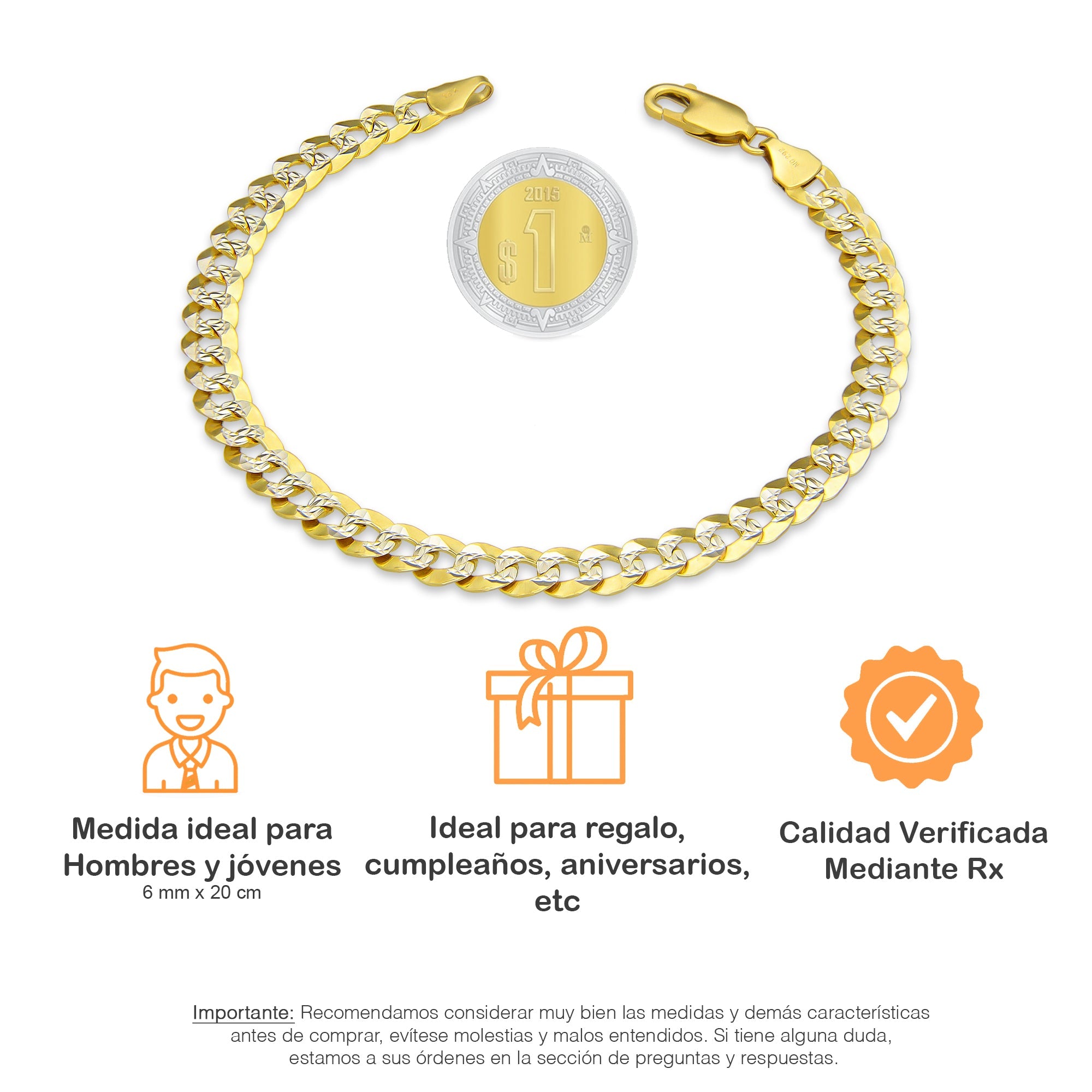 MR14PC035 Pulsera Para Caballero Oro Sólido 14K Mod Cubana Americana DIamantada 6 mm x 20 cm