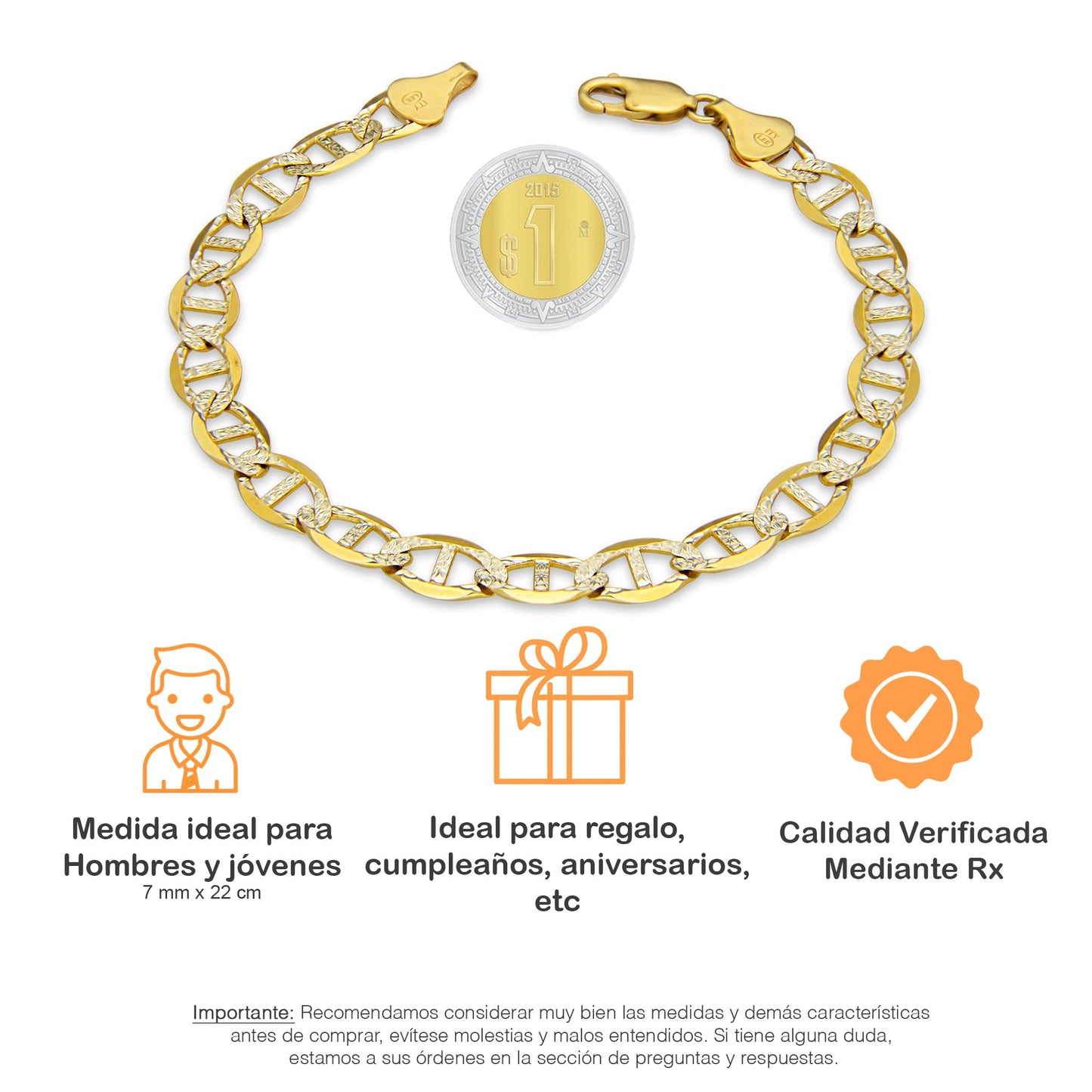 MR14PC036 Pulsera Para Caballero Oro Sólido 14K Mod Figaruchi 0x1 Diamantada 7.5 mm x 22 cm