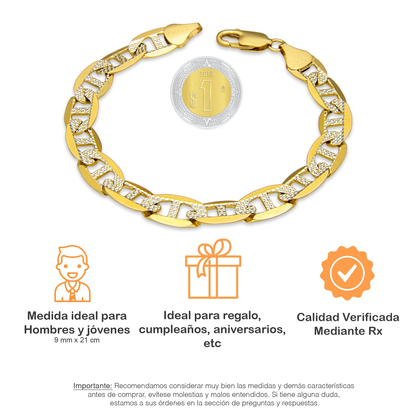 MR14PC037 Pulsera Para Caballero Oro Sólido 14K Mod Figaruchi 0x1 Diamantada 9 mm x 21 cm