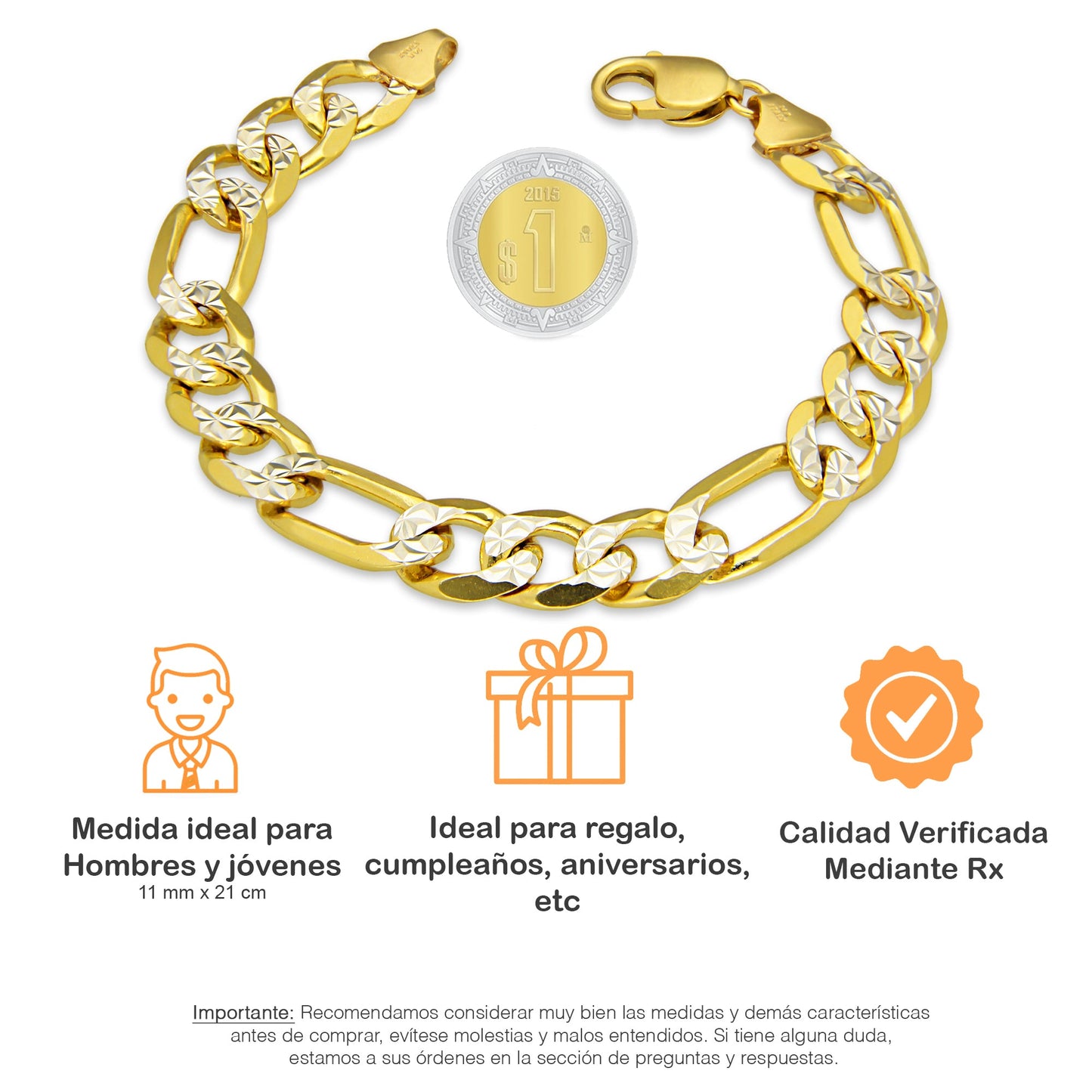 MR14PC038 Pulsera Para Caballero Oro Sólido 14K Mod Fígaro 3*1 Diamantada 11 mm x 21 cm