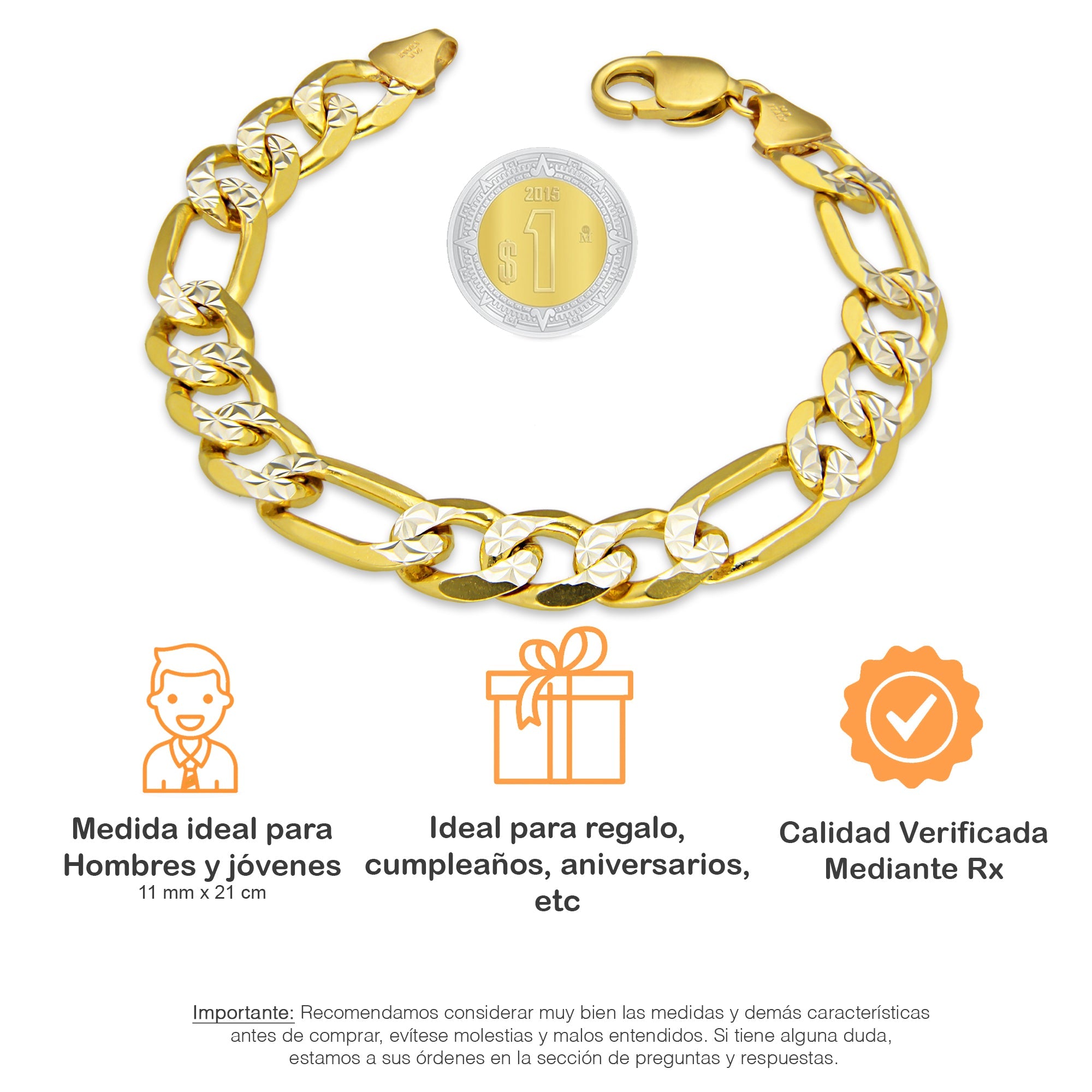 MR14PC038 Pulsera Para Caballero Oro Sólido 14K Mod Fígaro 3*1 Diamantada 11 mm x 21 cm