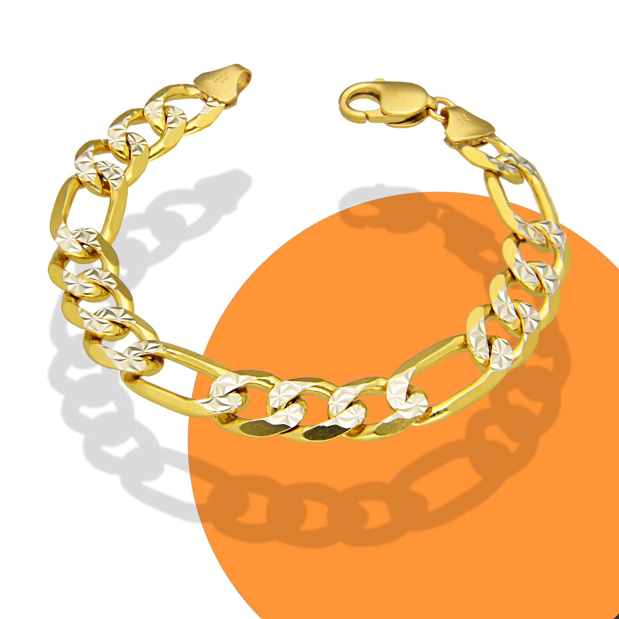MR14PC038 Pulsera Para Caballero Oro Sólido 14K Mod Fígaro 3*1 Diamantada 11 mm x 21 cm