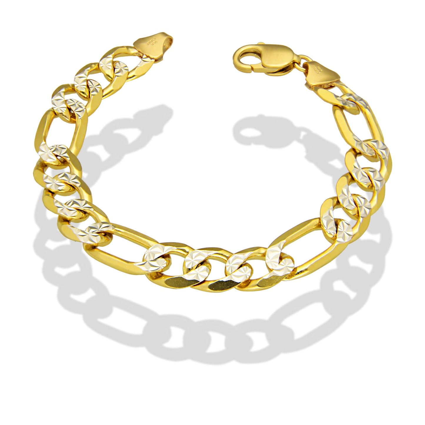 MR14PC038 Pulsera Para Caballero Oro Sólido 14K Mod Fígaro 3*1 Diamantada 11 mm x 21 cm