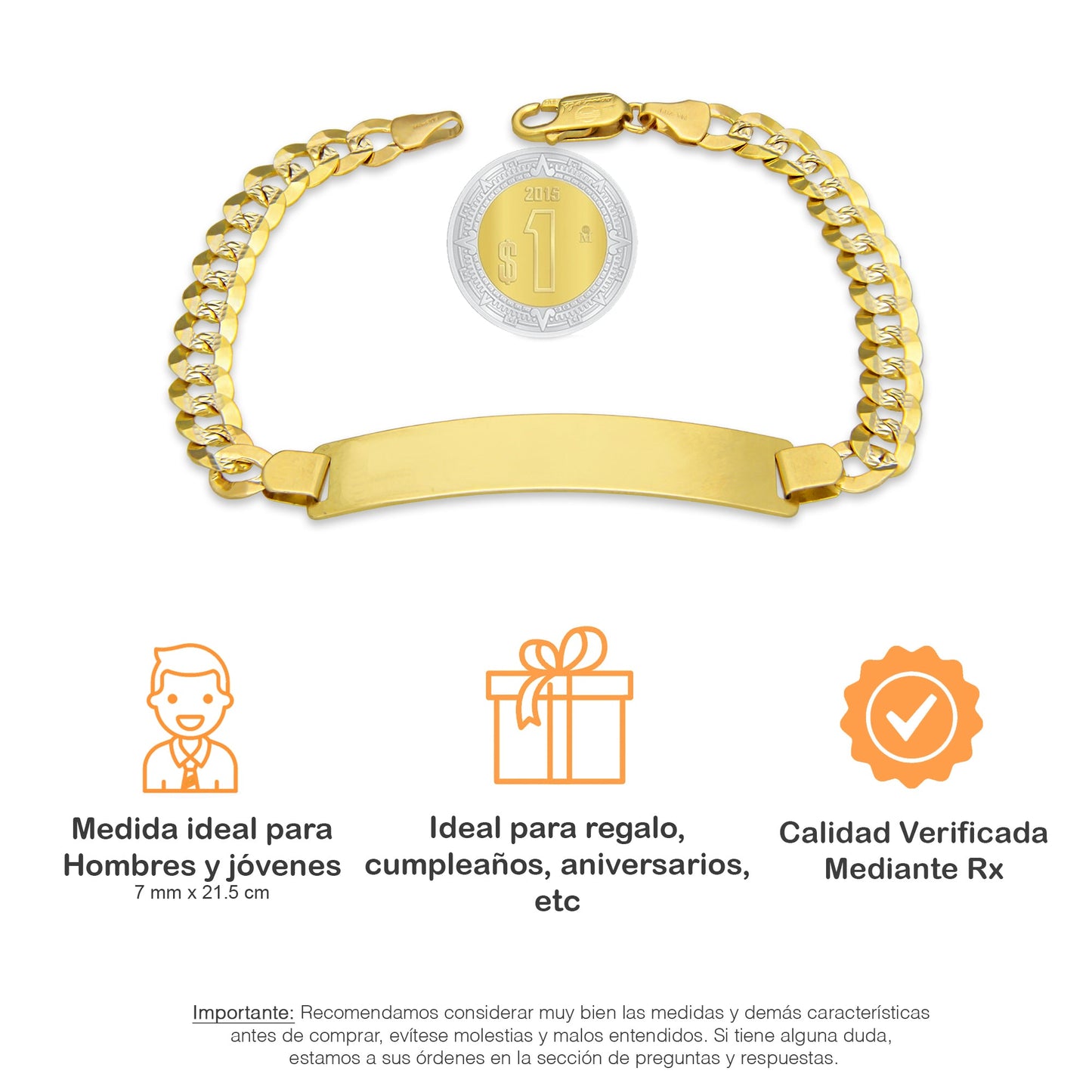 MR14PC041 Pulsera Esclava Caballero Oro Sólido 14K Mod Cubana Americana Diamantada 7 mm x 21.5 cm