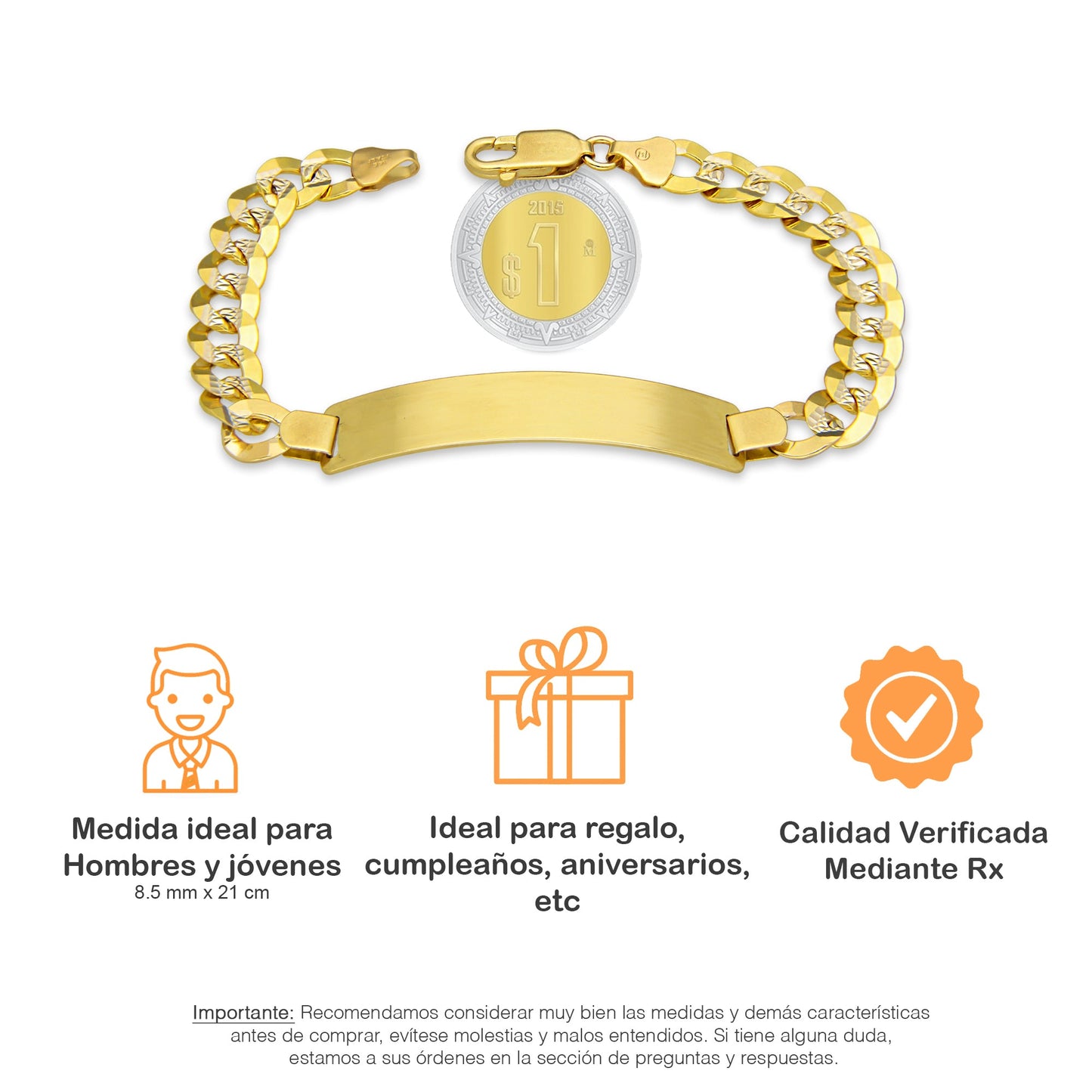 MR14PC042 Pulsera Esclava Caballero Oro Sólido 14K Mod Cubana Americana Diamantada 8.5 mm x 21 cm