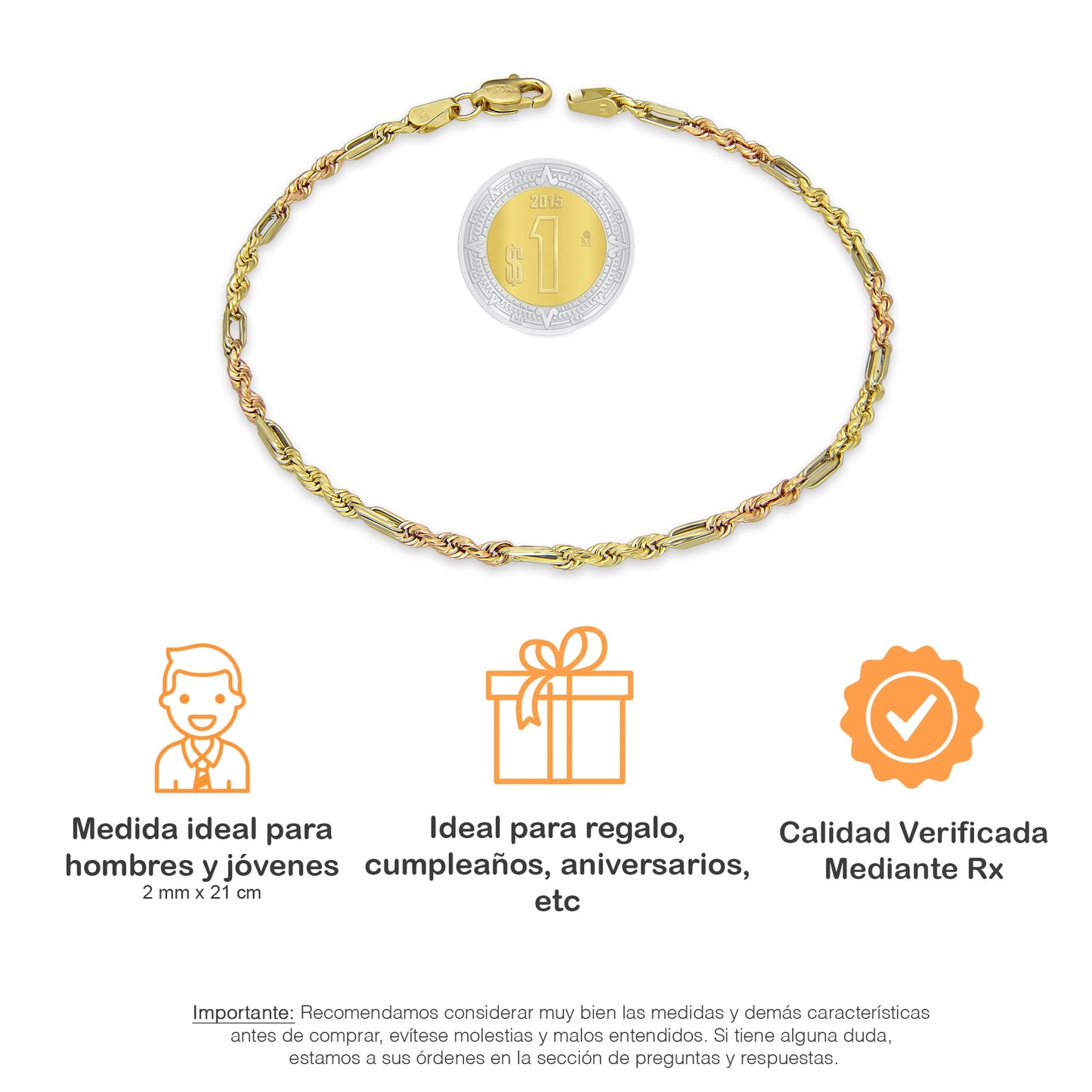 MR14PC054 Pulsera Para Caballero Oro Sólido 14K EMF14 Modelo Torsal Fígaro Florentino 2 mm x 21 cm