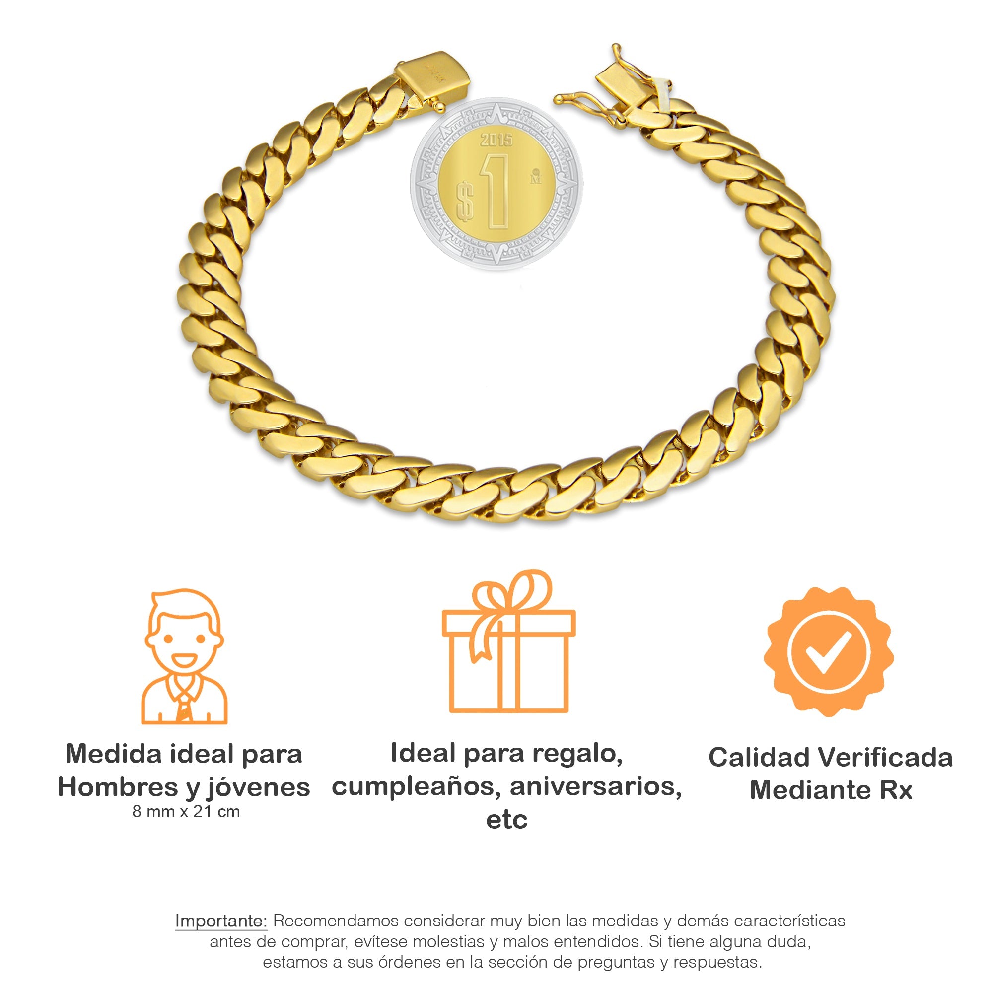 MR14PC069 Pulsera Para Caballero Oro Sólido 14K EMF14 Modelo Cubana 8 mm x 21 cm