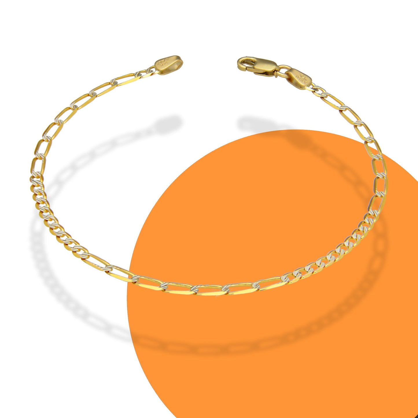 MR14PD021 Pulsera Dama Oro 14K Figaro Diamantada 7*10 3 Mm x 18 Cm