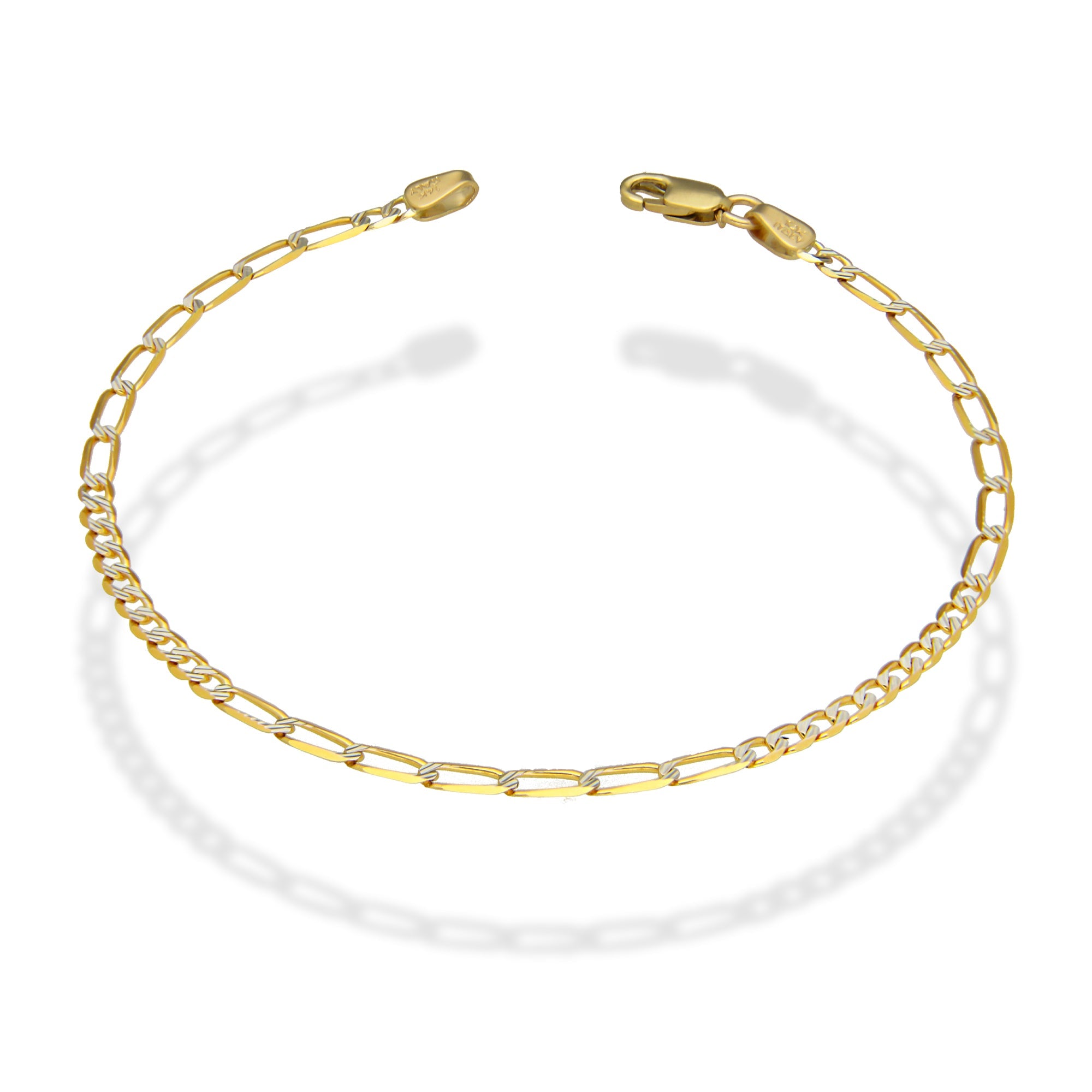 MR14PD021 Pulsera Dama Oro 14K Figaro Diamantada 7*10 3 Mm x 18 Cm