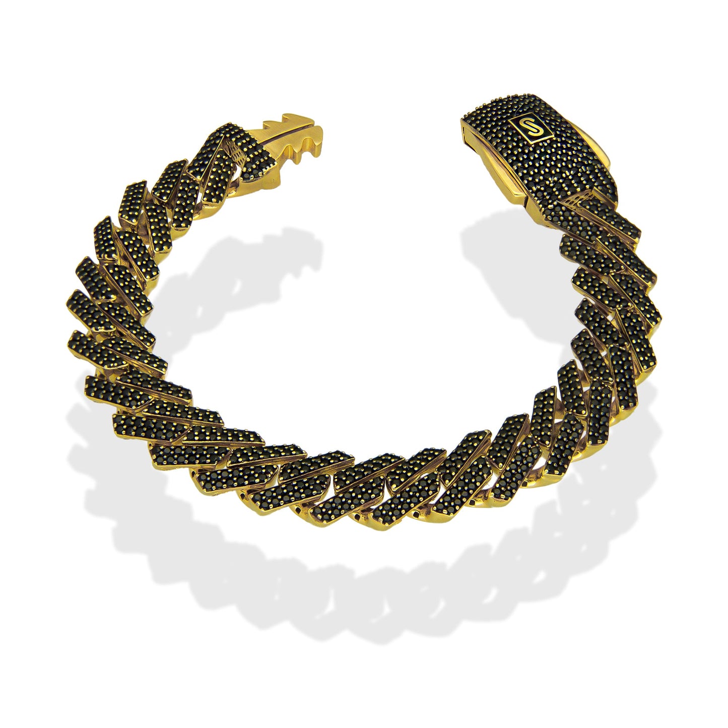 MR14PD052 Pulsera Dama Oro Sólido 14K Mónaco Chain Mod 1x0 Hexágono Eslabones y Broche con Zirconias Negras 1 cm x 18 cm