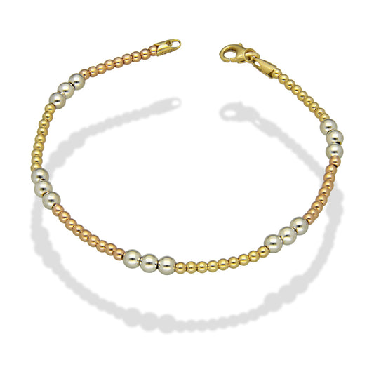 MR14PD060 Pulsera Dama Oro Sólido 14K Mod Bolitas Lisas 3 Oros 4 mm x 18.5 cm