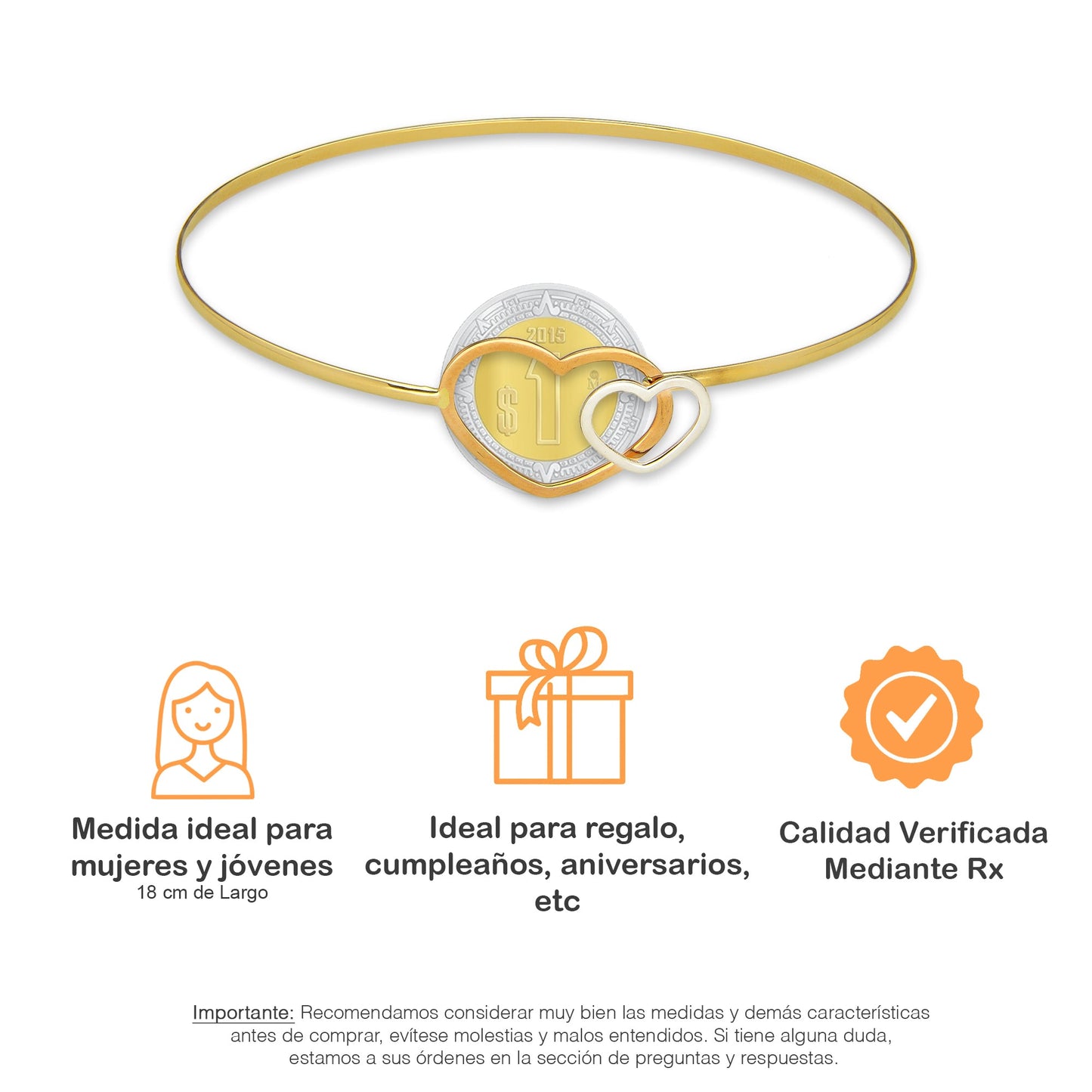 MR14PD090 Pulsera Dama Oro Sólido 14K Aro Corazones Duo Súper Ligero 18 cm