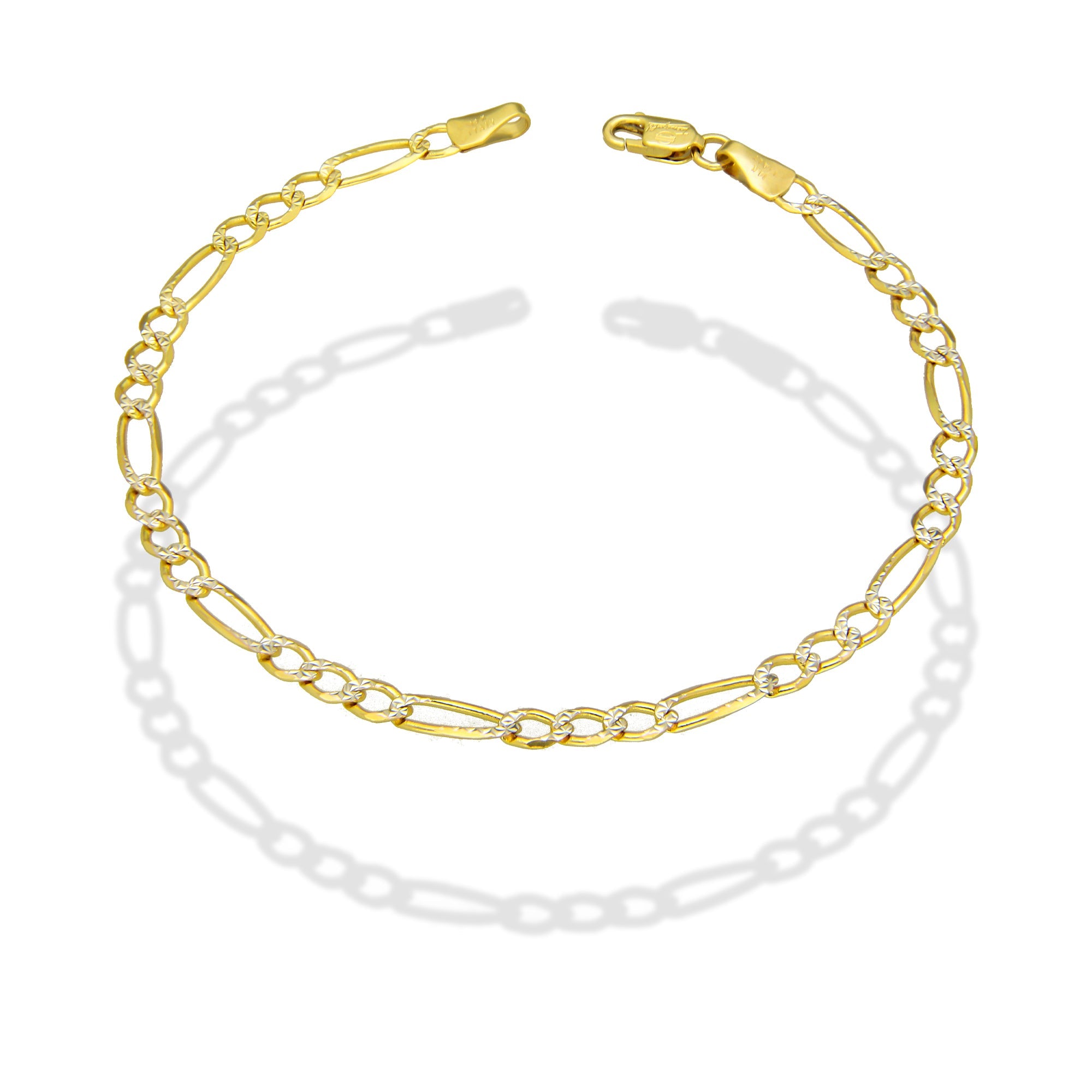MR14PD108 Pulsera Dama Oro Sólido 14K Mod Fígaro 3*1 Diamantada 3.5 mm x 18 cm