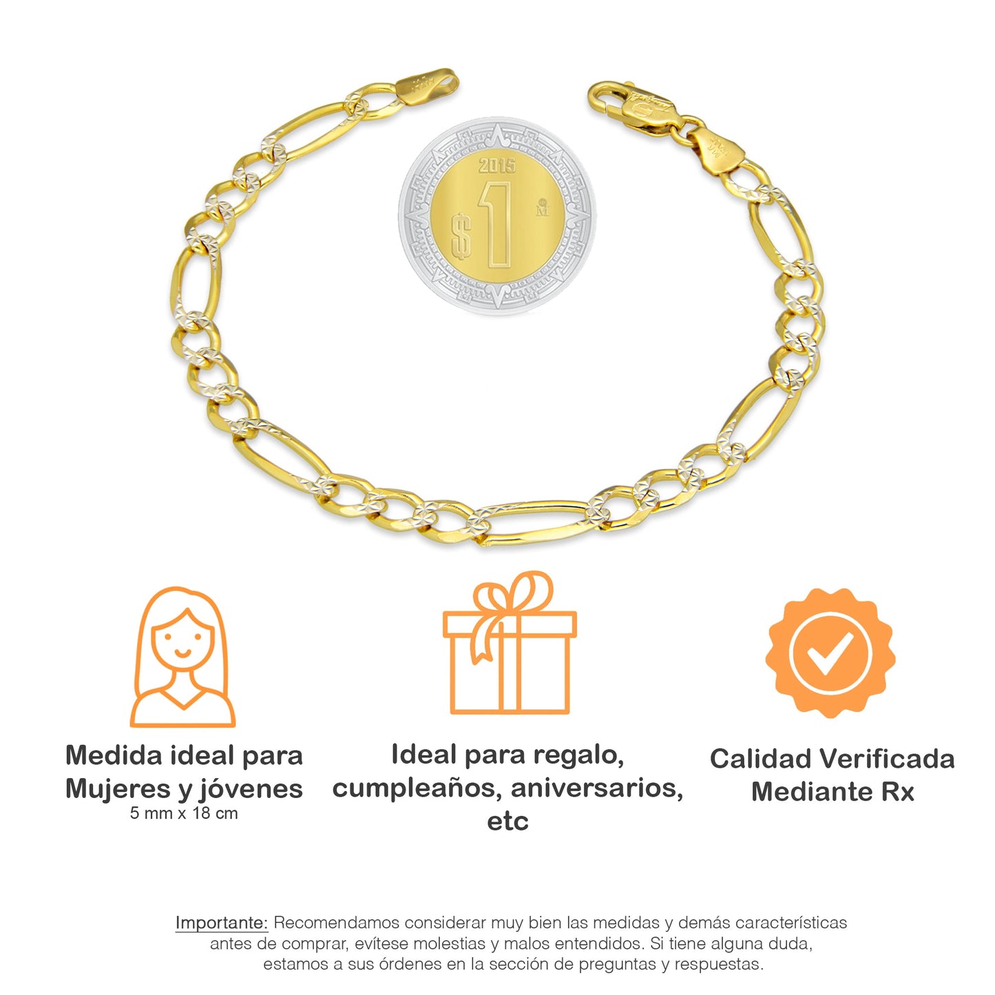 MR14PD109 Pulsera Dama Oro Sólido 14K Mod Fígaro 3*1 Diamantada 5 mm x 18 cm