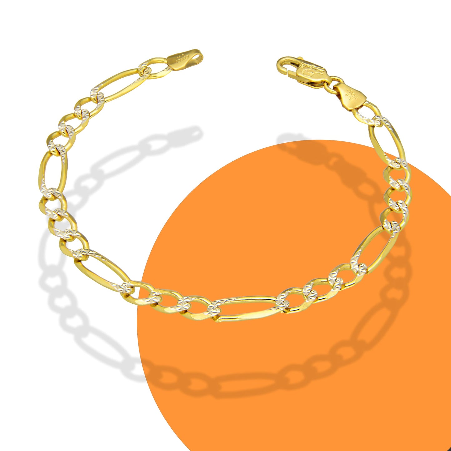 MR14PD109 Pulsera Dama Oro Sólido 14K Mod Fígaro 3*1 Diamantada 5 mm x 18 cm