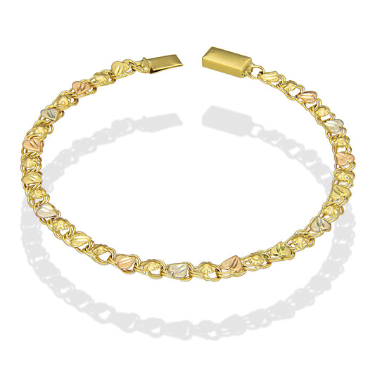 MR14PD130 Pulsera Dama Oro Sólido 14K Modelo Tejido Chino con Corazones 4 mm x 19 cm