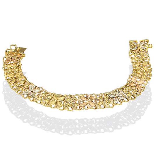 MR14PD131 Pulsera Dama Oro Sólido 14K Modelo Tejido Chino con Flores 12 mm x 18 cm