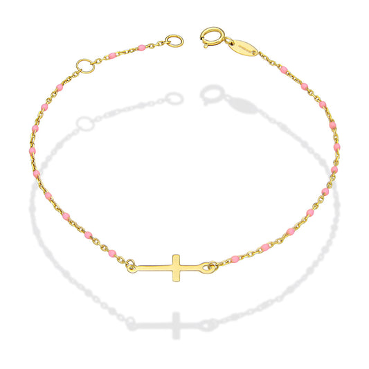MR14PD138 Pulsera Dama Oro Sólido 14K EMF14 Modelo Bolitas Rosas con Cruz Lisa en medio 1 mm x 18 cm