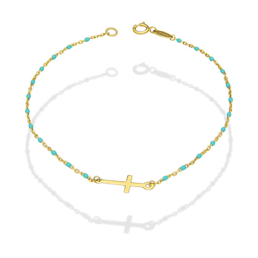 MR14PD139 Pulsera Dama Oro Sólido 14K EMF14 Modelo Bolitas Azul con Cruz Lisa en medio 1 mm x 18 cm