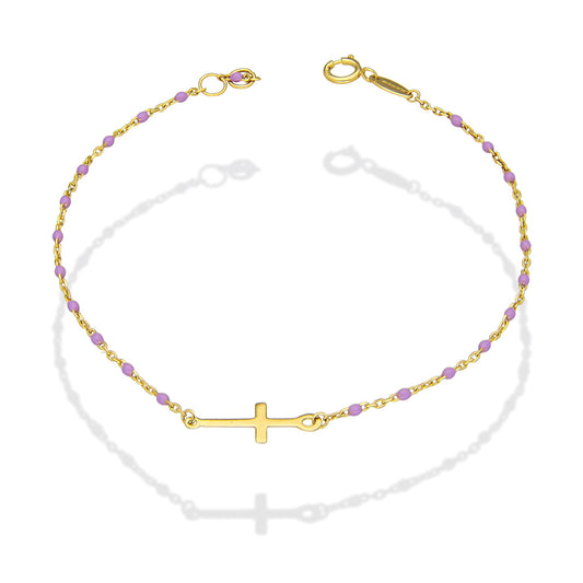 MR14PD140 Pulsera Dama Oro Sólido 14K EMF14 Modelo Bolitas Morado con Cruz Lisa en medio 1 mm x 18 cm