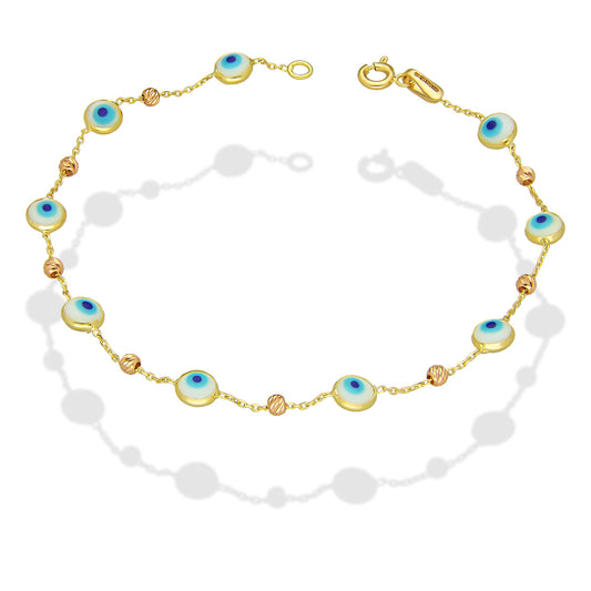 MR14PD143 Pulsera Dama Oro Sólido 14K EMF14 Modelo Ojitos Turcos Super Ligera Florentino 5 mm x 19 cm