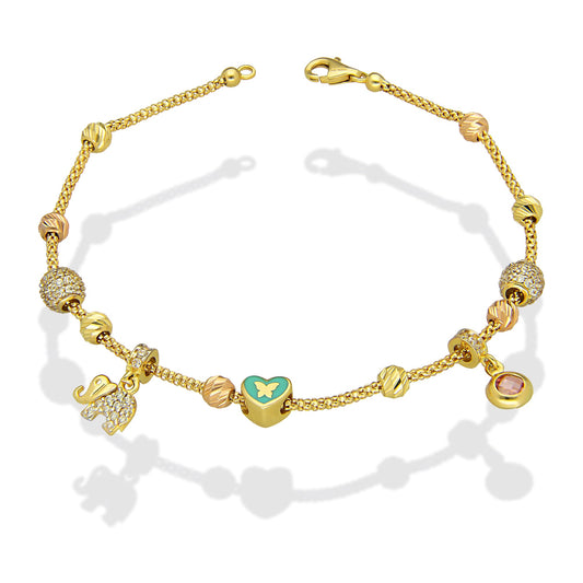 MR14PD144 Pulsera Dama Oro Sólido 14K EMF14 Modelo Bolitas Diamantadas y Dije Colgante de Elefante 2 mm x 19 cm