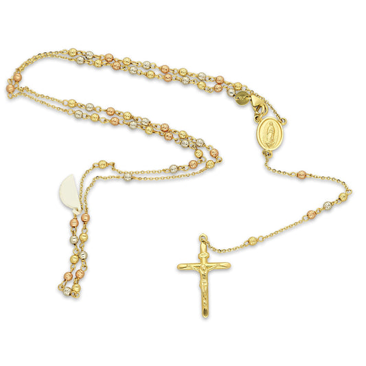 MR14ROS001 Rosario Oro Sólido 14K EMF Bolitas Diamantadas 3 mm Florentino Cruz Tubular