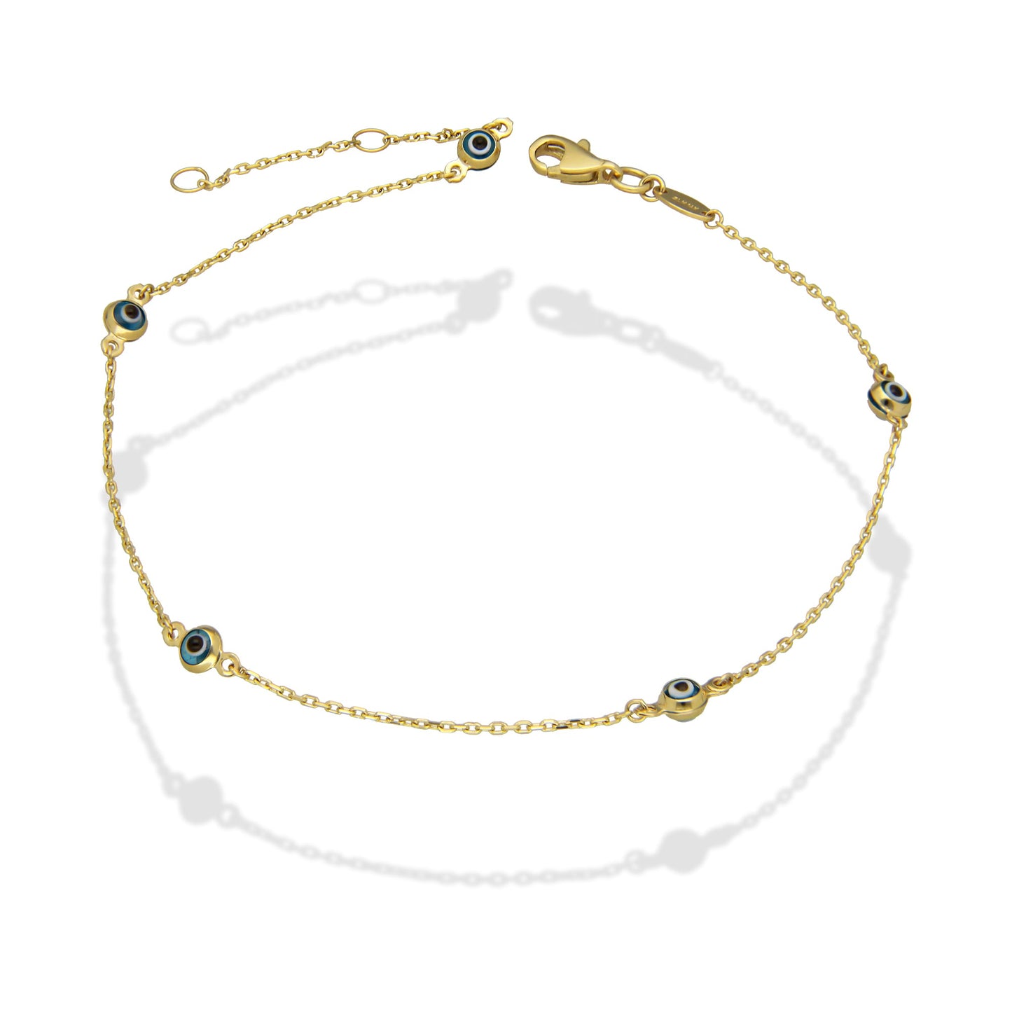 MR14TB002 Pulsera Tobillera Dama Oro Sólido 14K Mod Ojitos Turcos Con Bisel 4 mm Ajustable de 23 a 25 cm