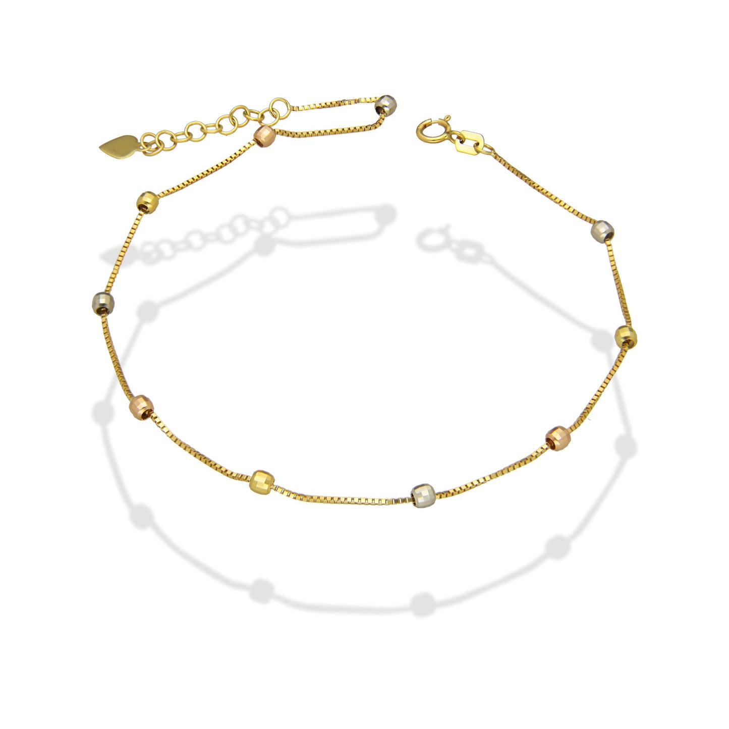 MR14TB003 Pulsera Tobillera Dama Oro Sólido 14K Mod Veneciana con Bolitas Facetadas Florentino 3 mm Ajustable de 23 a 25 cm