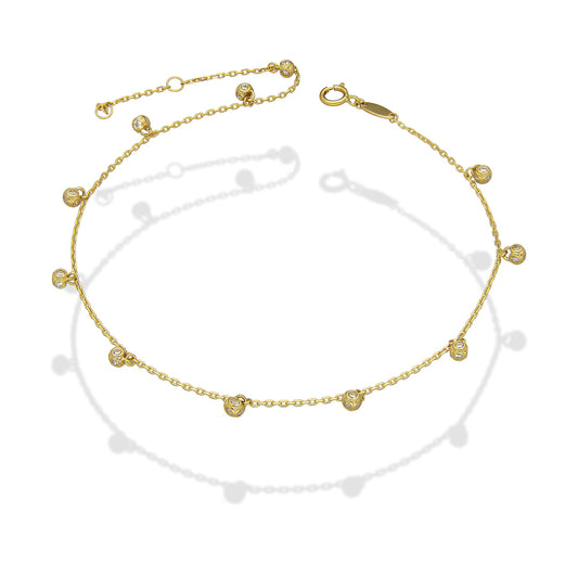 MR14TB008 Pulsera Tobillera Dama Oro Sólido 14K Mod Bolitas con Zirconia Colgantes 4 mm Ajustable de 23 a 25 cm